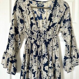 Floral Long Sleeve Dress - Navy and Cream